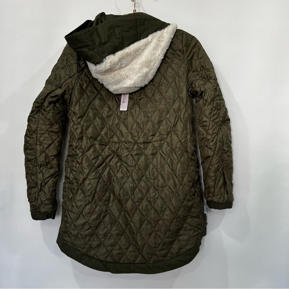Jacket Quilted Lined Olive Green Size Large With Removable Faux Fur Hood Cotton - Picture 7 of 12